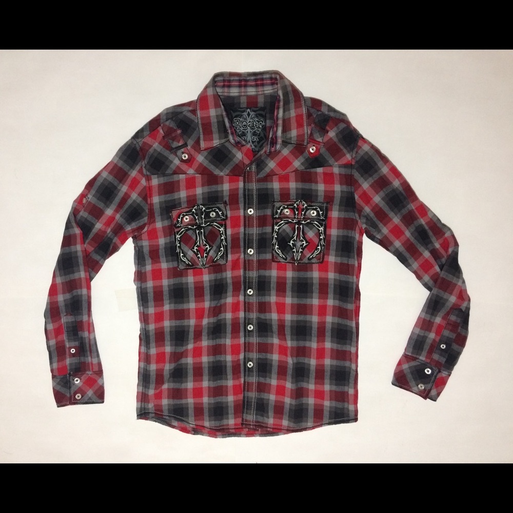 Roar Mens Medium Red Plaid Graphic Long Sleeve